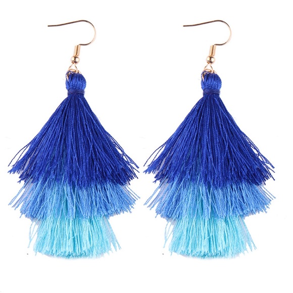 Jewelry - 3 Layer Blue Fringe Tassel Earrings